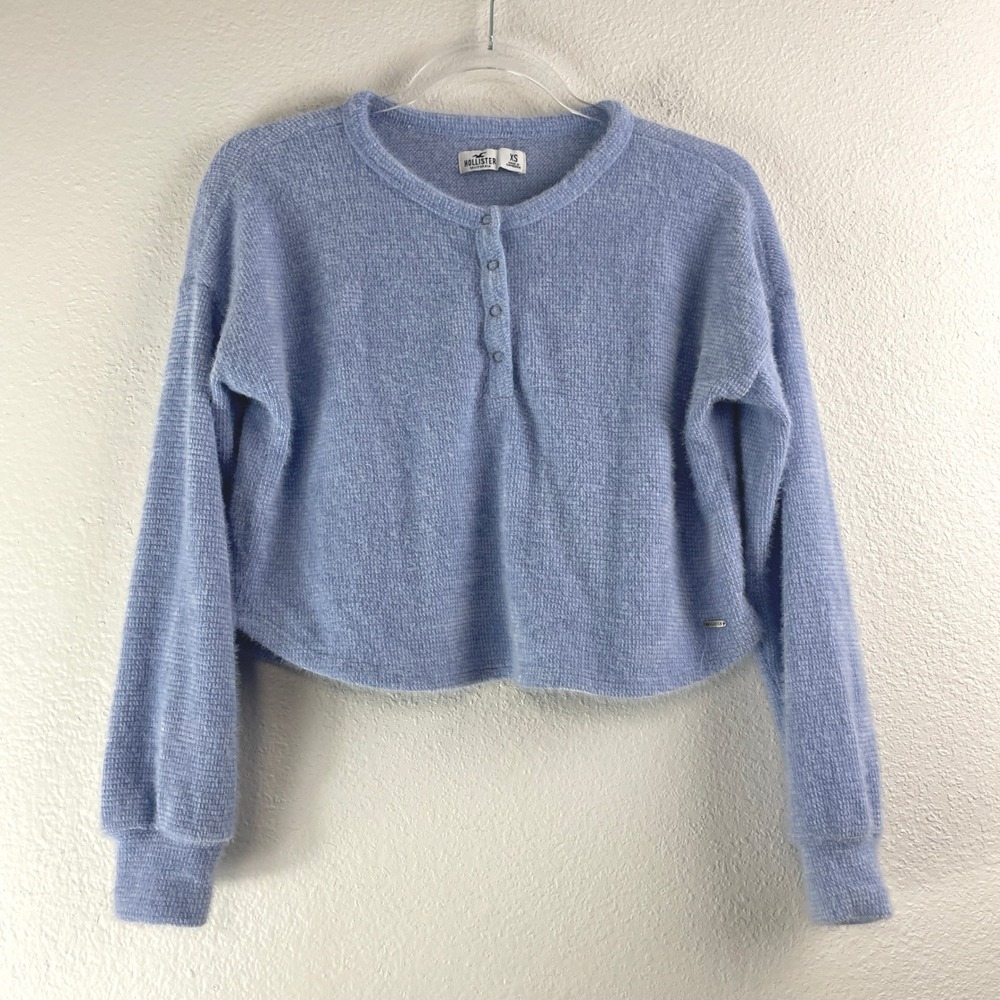 Hollister Womens XS Blue Fuzzy Knit Henley Cropped Sweater Long Sleeve Soft‎ Top